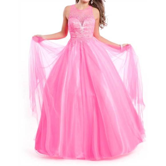 NEW RACHEL ALLAN sleeveless open back ballgown in neon pink
